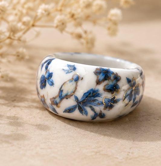 Handmade White & Blue Porcelain Floral Statement Ring