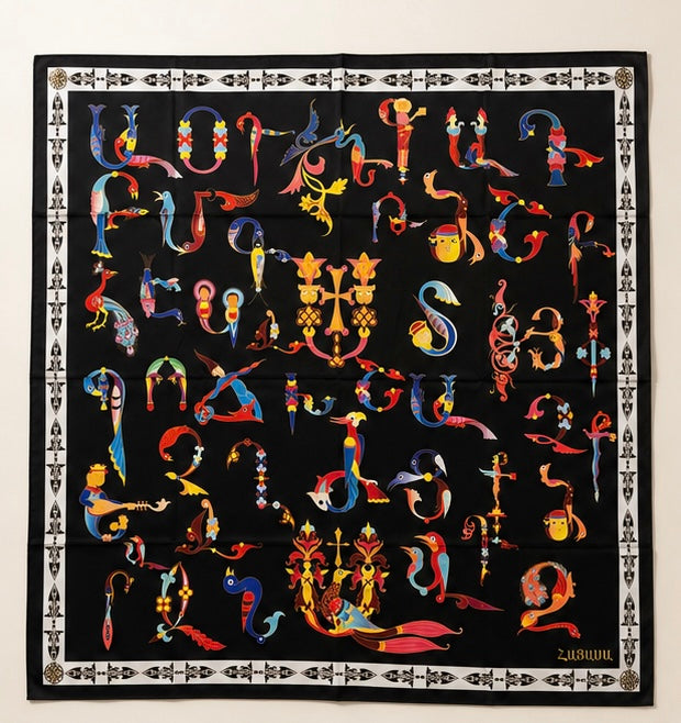 Armenian Illuminated Alphabet Scarf – Black Trchnagir Heritage Design