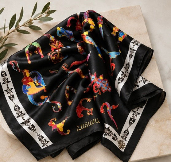 Armenian Illuminated Alphabet Scarf – Black Trchnagir Heritage Design