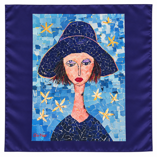 Narine Chilingaryan Blue Hat Portrait Art Scarf – Indigo
