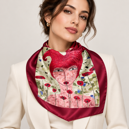 Narine Chilingaryan Poppy Portrait Art Scarf – Burgundy