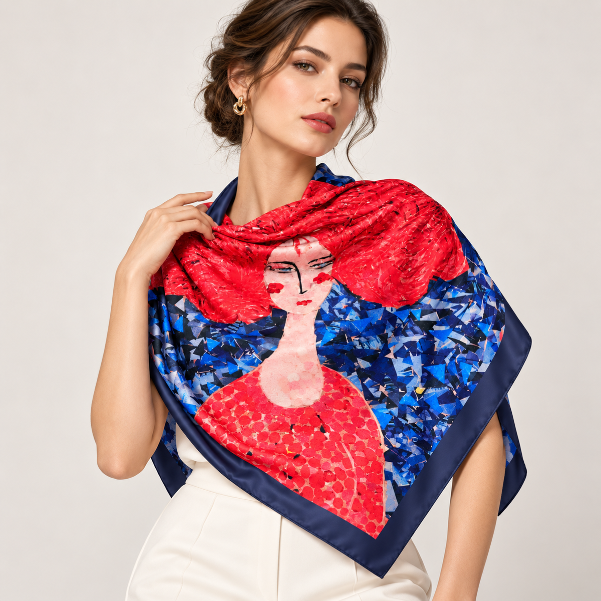 Narine Chilingaryan Red Portrait Art Scarf – Navy