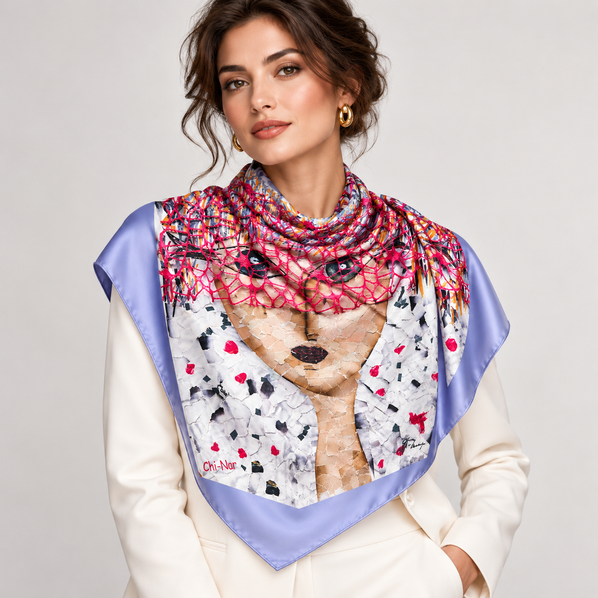 Narine Chilingaryan Abstract Portrait Art Scarf – Periwinkle
