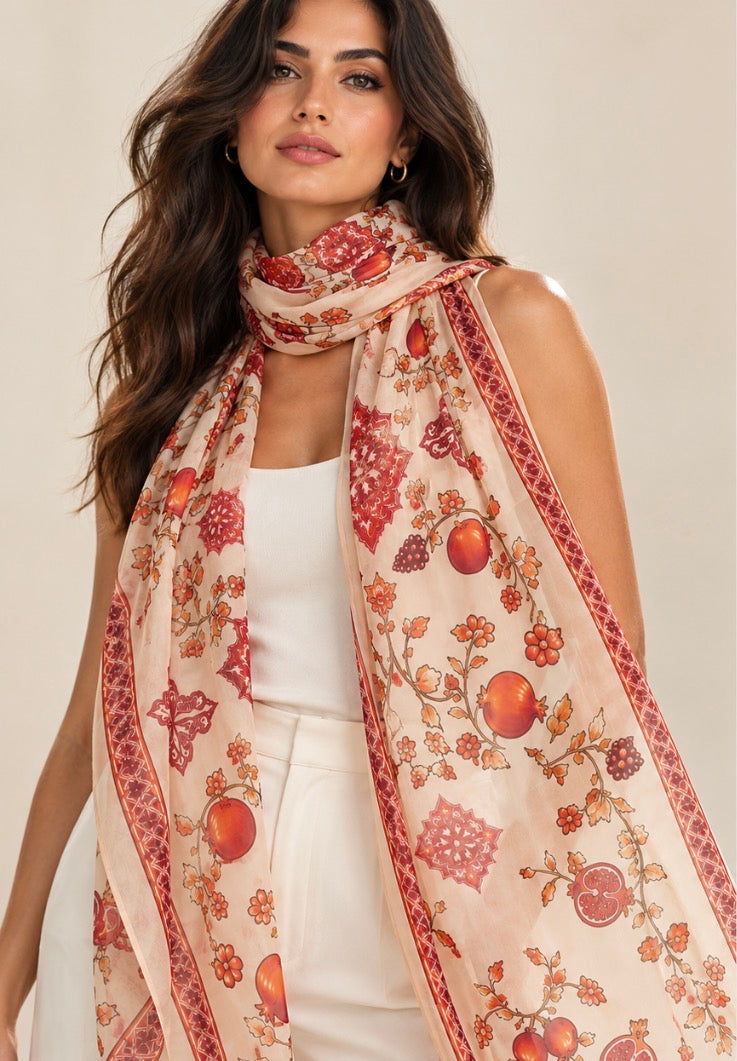 Pomegranate Garden – Armenian Heritage Silk Chiffon Scarf