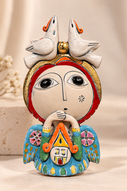 Ceramic Angel with House and Two Doves, 6.5″
