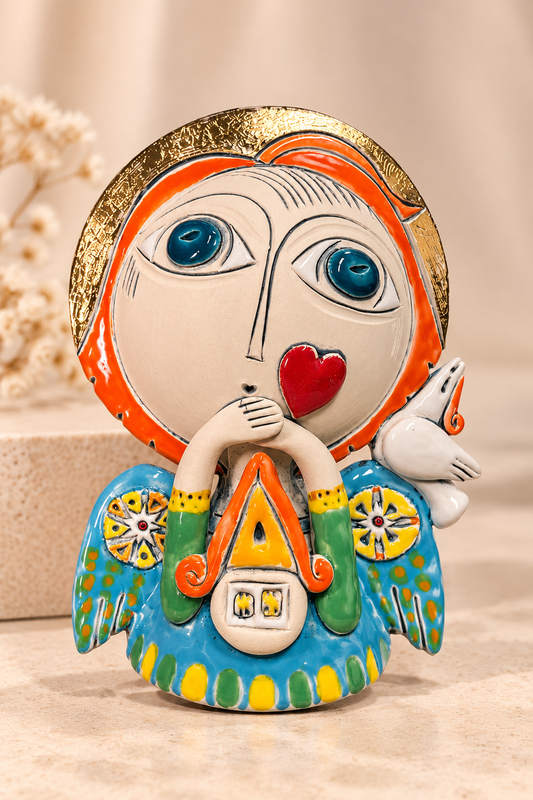 Large Ceramic Angel with Heart and Dove, 5.5″