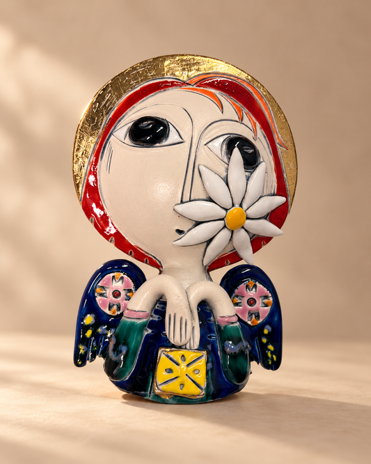 Large Ceramic Angel with White Daisy, 5.5″