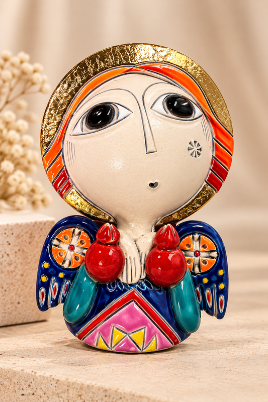 Medium Ceramic Angel with Red Pomegranates, 5″