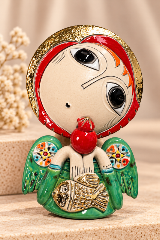 Medium Ceramic Angel with Pomegranate and Gold Fish, 5″