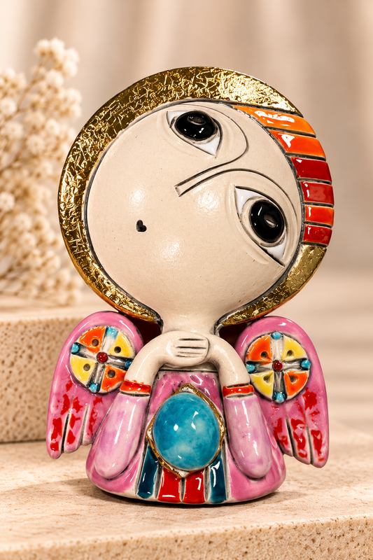 Medium Ceramic Angel with Pink Wings and Turquoise Oval, 5″