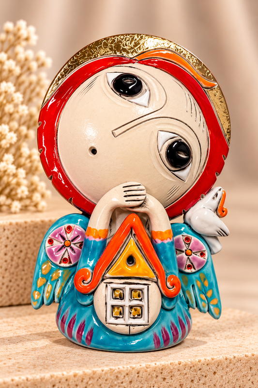 Small Ceramic Angel with House and Dove, 4.25″