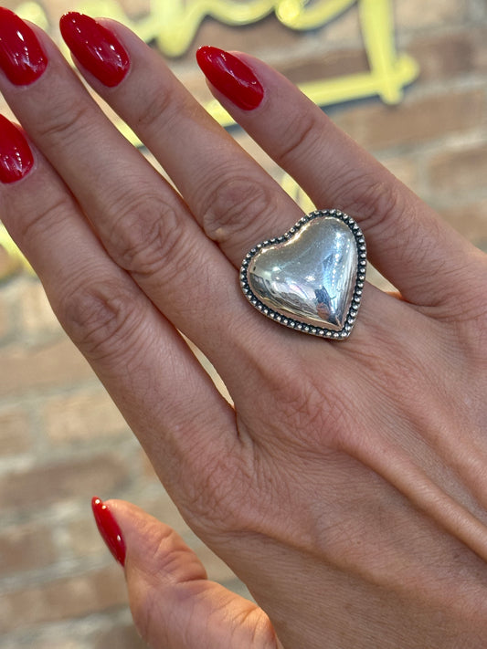 Big Silver Beaded Heart Ring