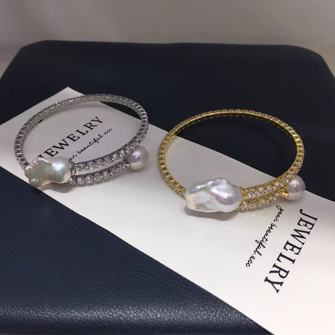 Baroque Pearl Crystal Open Cuff Bracelet