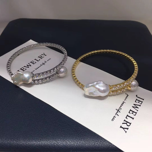 Baroque Pearl Crystal Open Cuff Bracelet