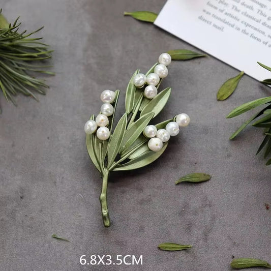 Pearl Olive Leaf Botanical Brooch Pin