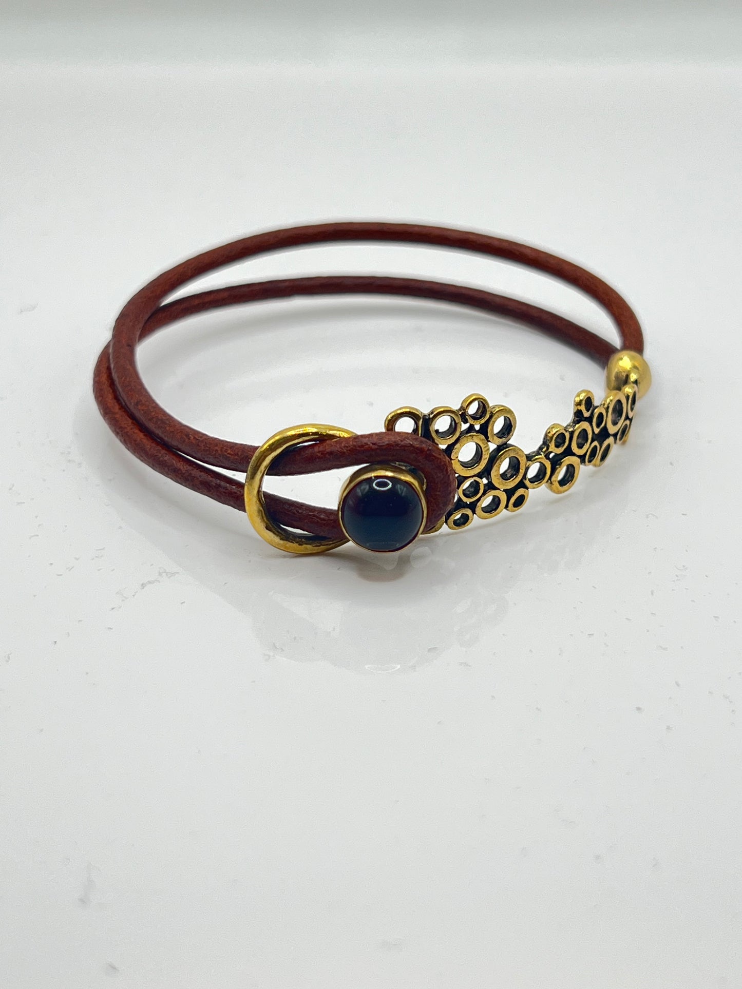 Leather & Brass Bubble Design Bracelet