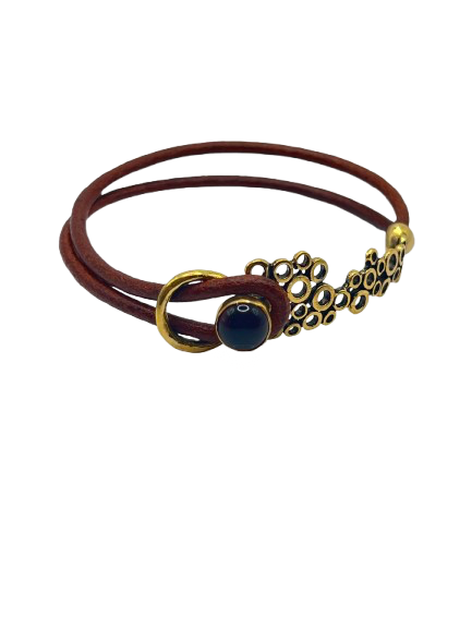 Leather & Brass Bubble Design Bracelet