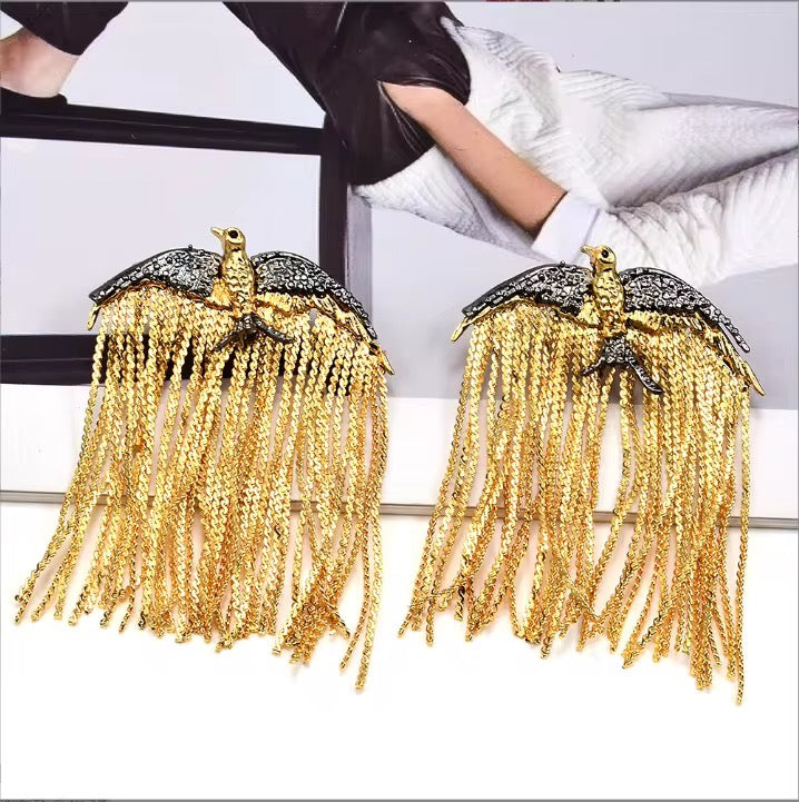 Golden Bird Chain Fringe Statement Earrings