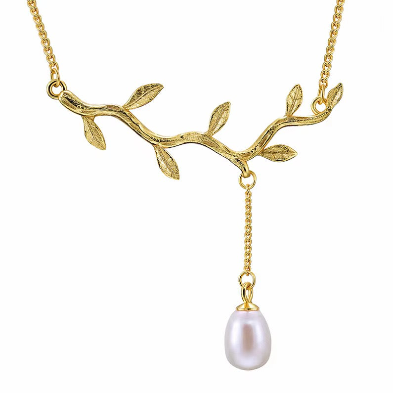 Golden Branch Pearl-Effect Drop Necklace