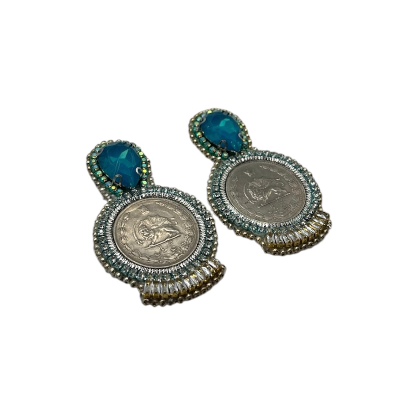 Aqua and Silver Coin Mazaheri Earrings