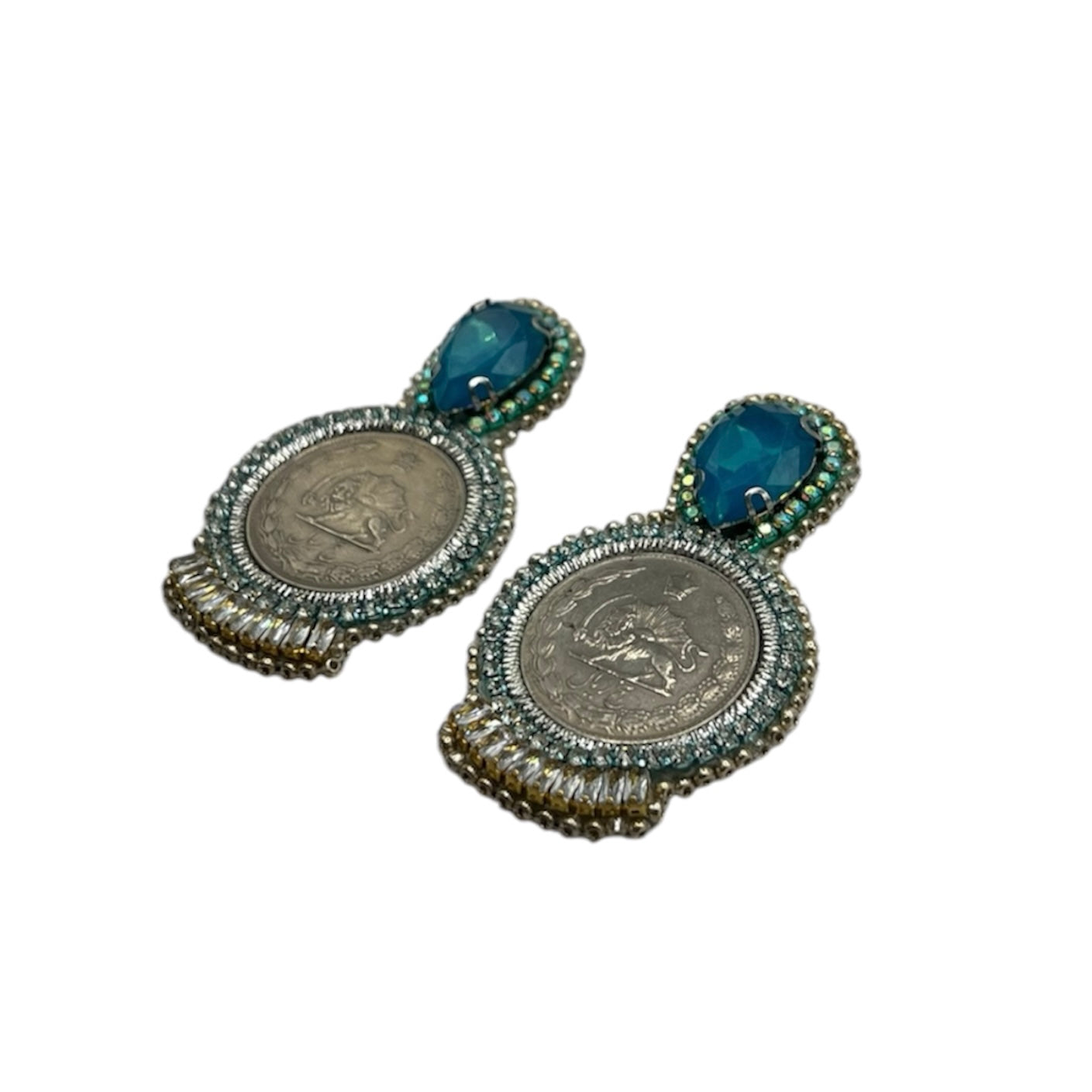 Aqua and Silver Coin Mazaheri Earrings