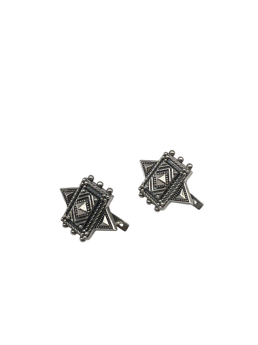 Small Silver Geometric Earrings with Ornamental Etching