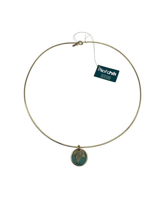 Brass Necklace with Turquoise Patina & Ornamental Leaf Pendant