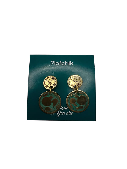 Brass Earrings with Turquoise Patina & Pomegranate Etching