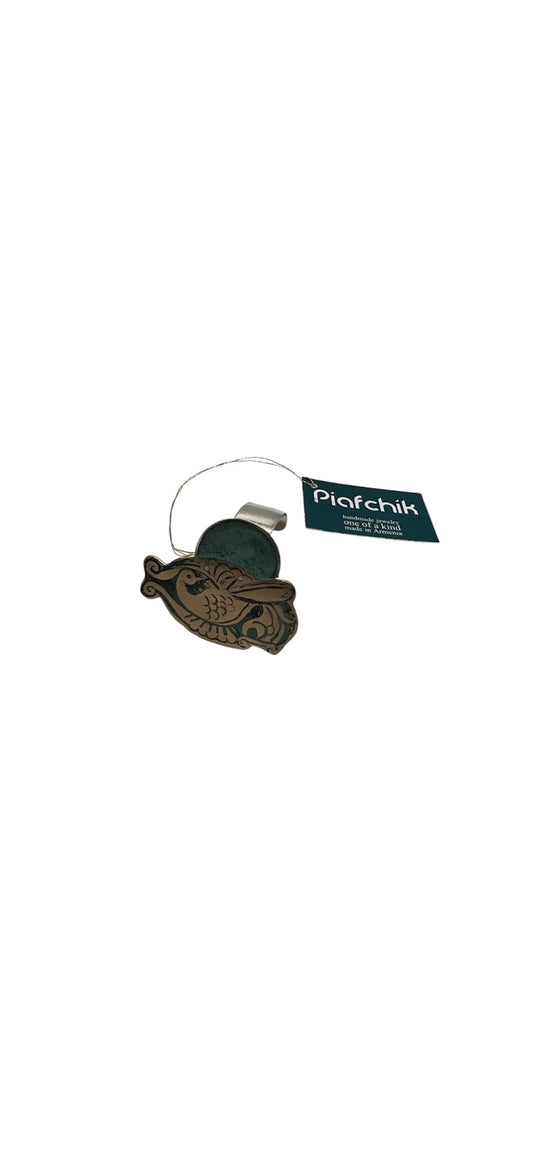 Brass Ring with Turquoise Patina & Bird Etching