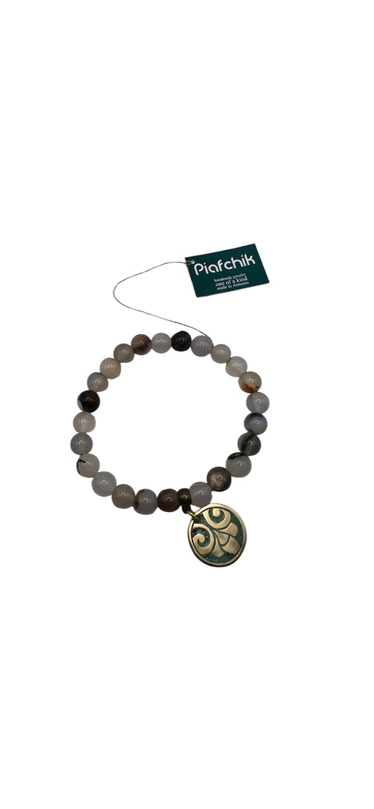 Marble Beaded Bracelet with Turquoise Patina Leaf Charm
