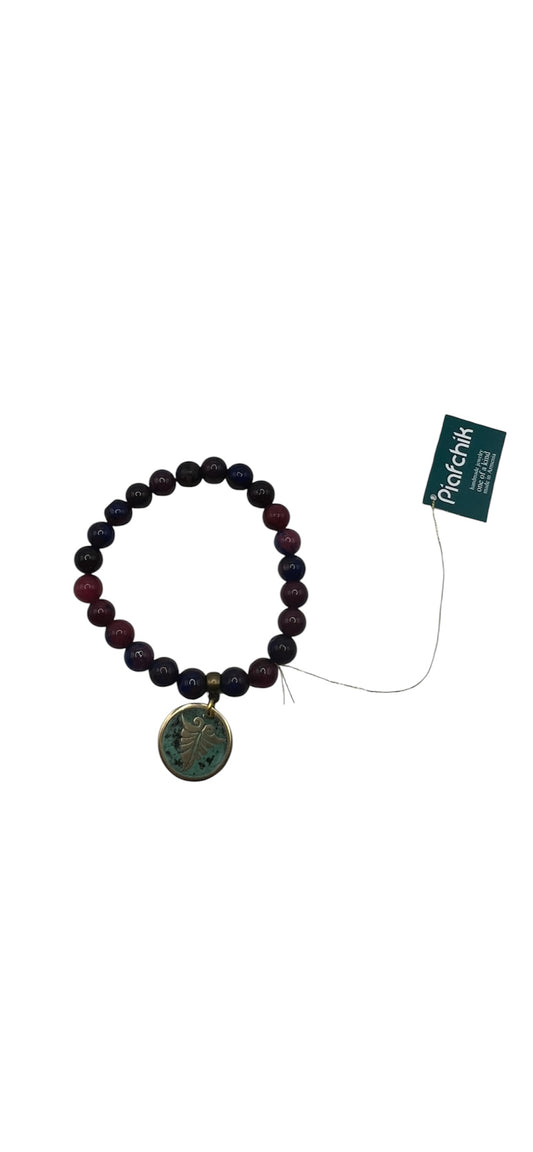 Navy & Burgundy Beaded Bracelet with Turquoise Patina Leaf Charm