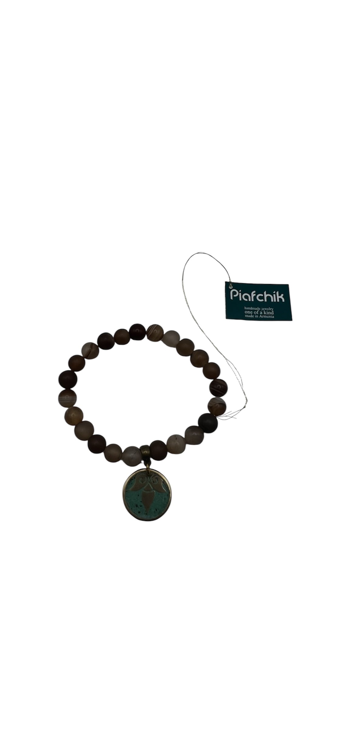 Brown Beaded Bracelet with Turquoise Patina Ornamental Charm