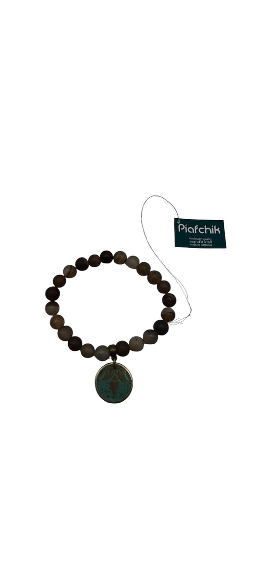 Brown Beaded Bracelet with Turquoise Patina Ornamental Charm