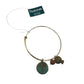 Brass Bracelet with Turquoise Patina, Brown Stone & Leaf Charm