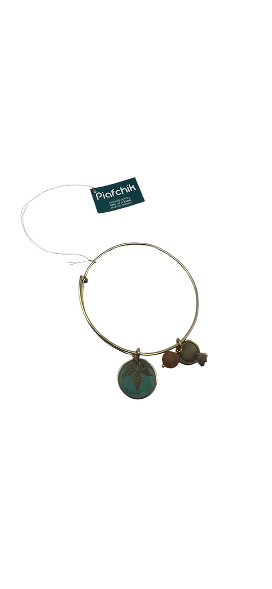 Brass Bracelet with Turquoise Patina, Brown Stone & Leaf Charm