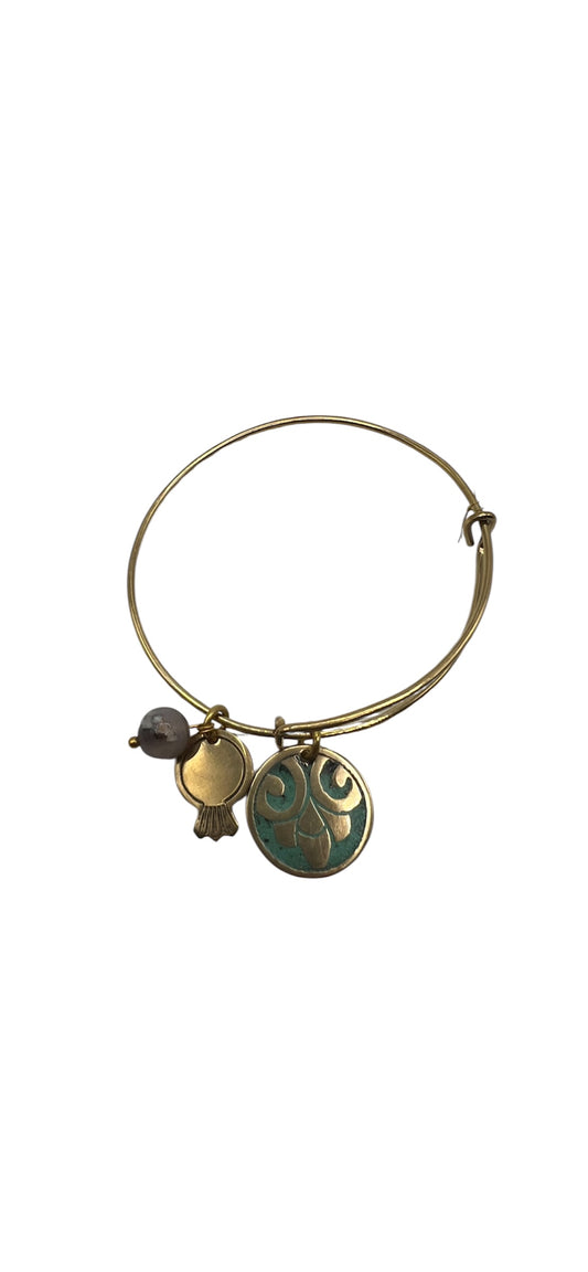 Brass Bracelet with Turquoise Patina, Marble Bead & Ornamental Charms