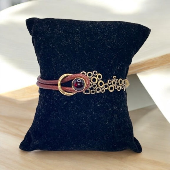 Leather & Brass Bubble Design Bracelet