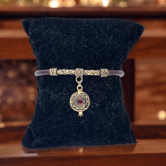 Leather & Brass Pomegranate Pendant Bracelet