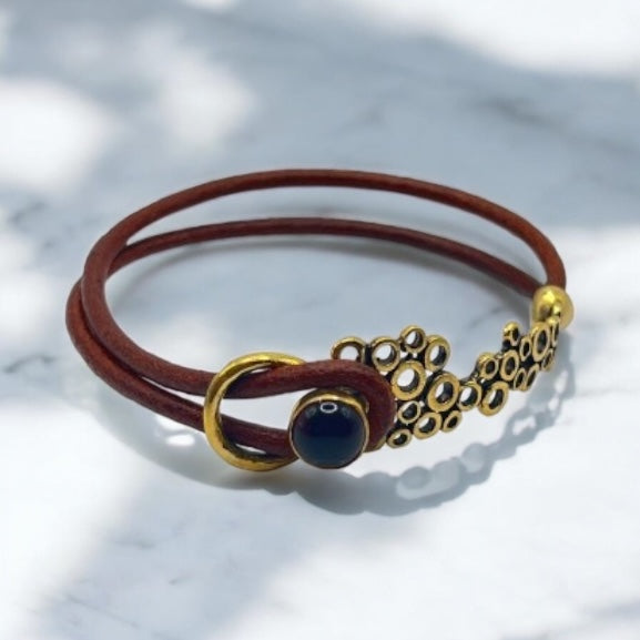 Leather & Brass Bubble Design Bracelet