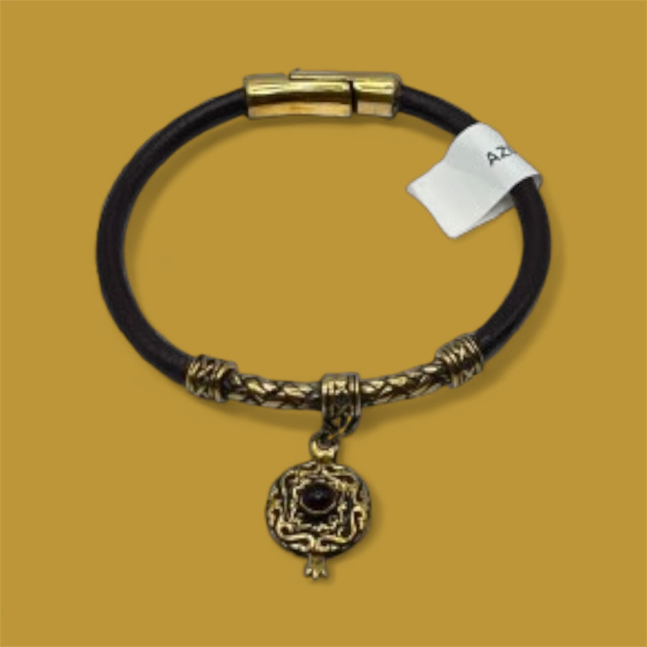 Leather & Brass Pomegranate Pendant Bracelet
