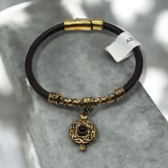 Leather & Brass Pomegranate Pendant Bracelet
