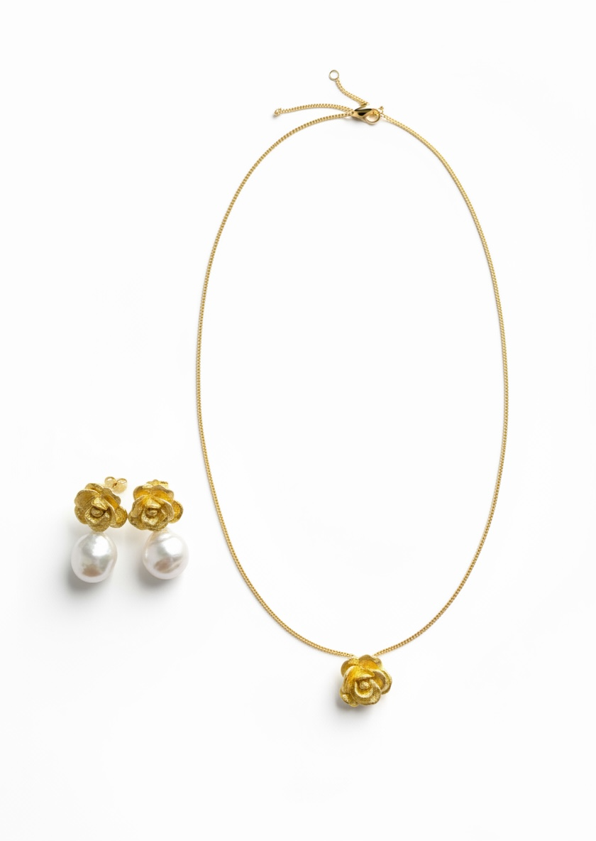 Golden Rose Pearl Drop Earrings