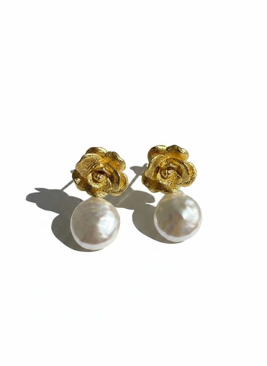 Golden Rose Pearl Drop Earrings