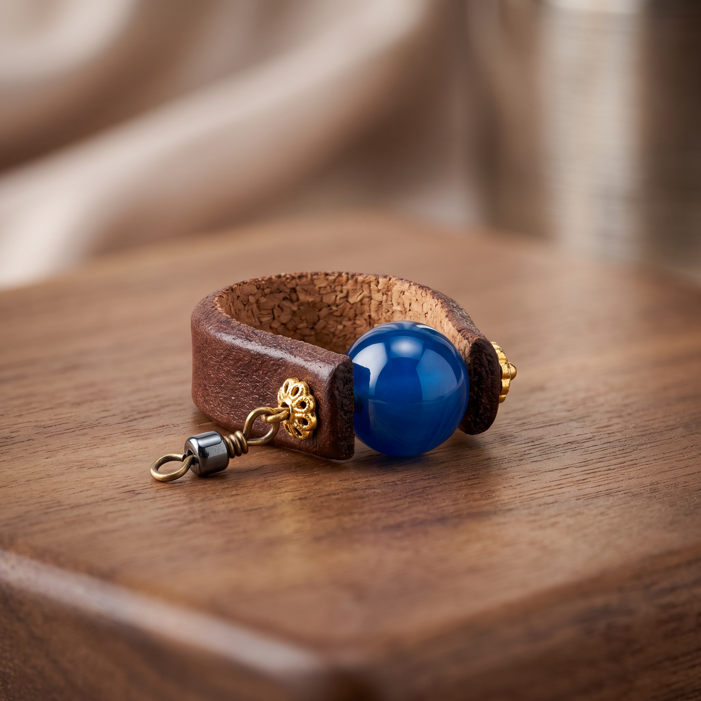 Brown Leather Blue Circle Ring
