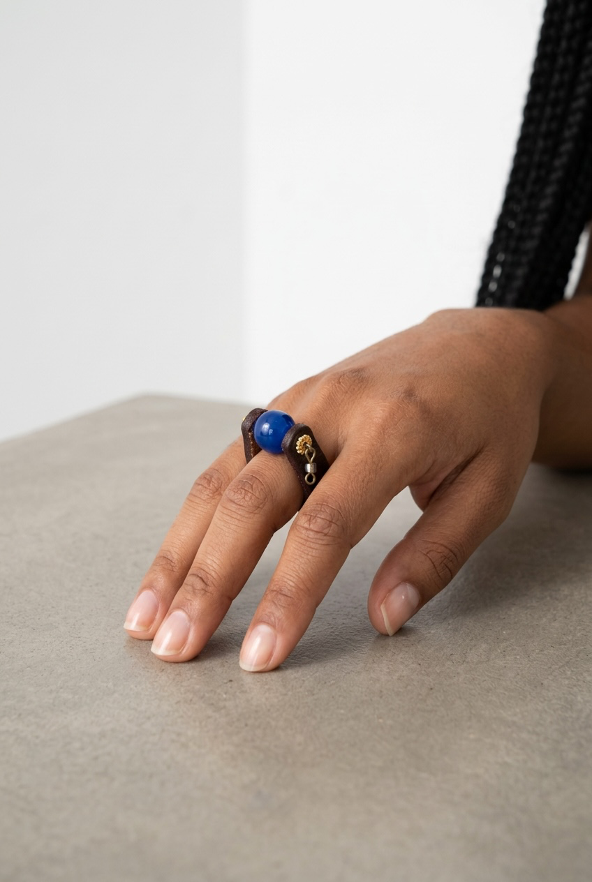 Brown Leather Blue Circle Ring