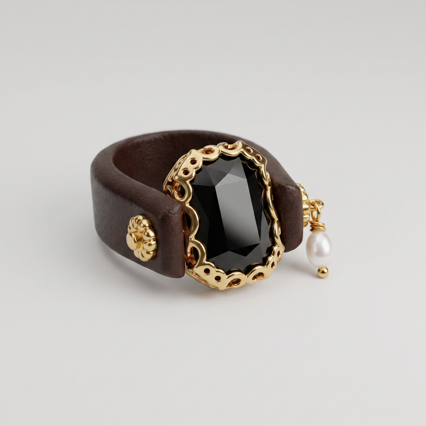 Brown Leather Black Gem Ring