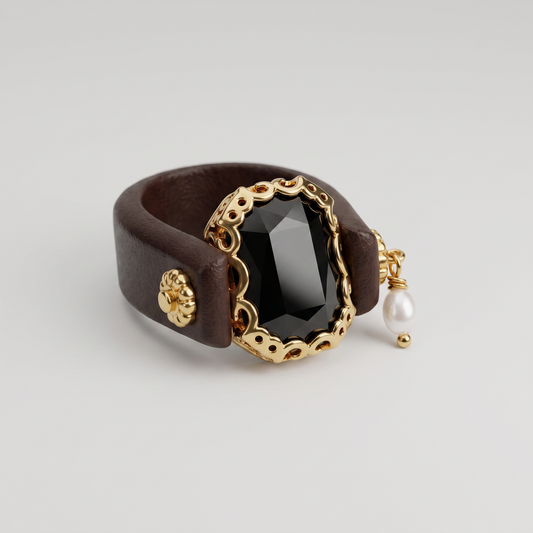 Brown Leather Black Gem Ring