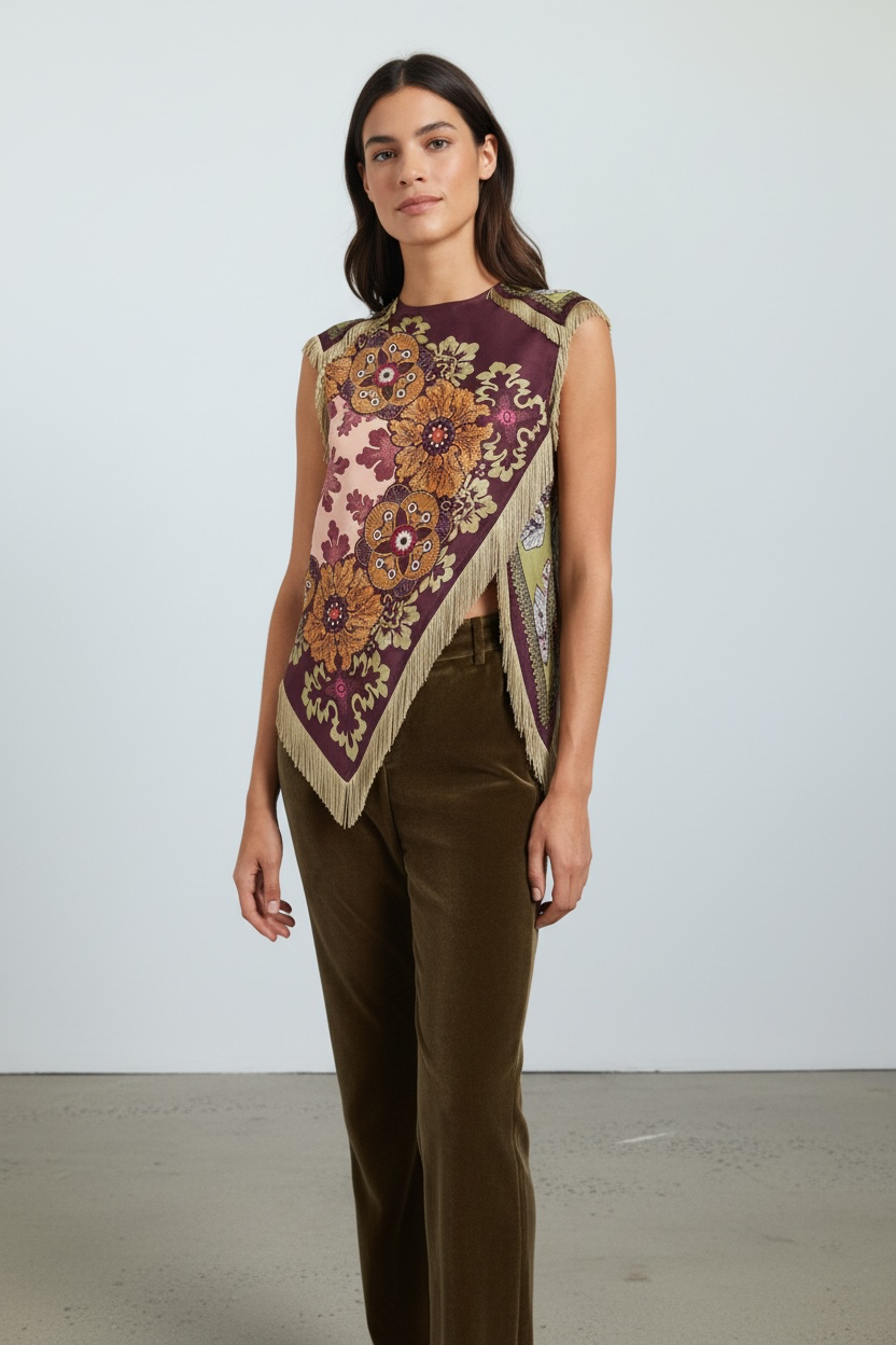 Asymmetrical Fringe Cross Top: WINE