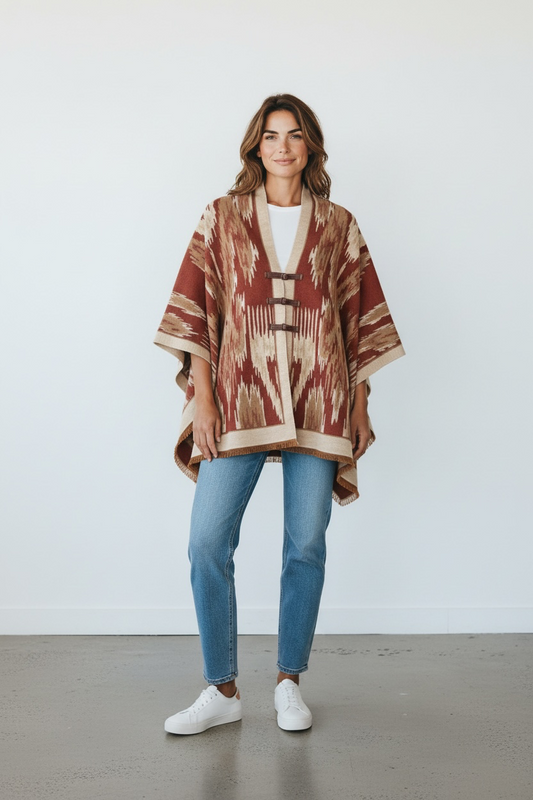 Print Toggle Front Cape Cardigan: WINE / One Size