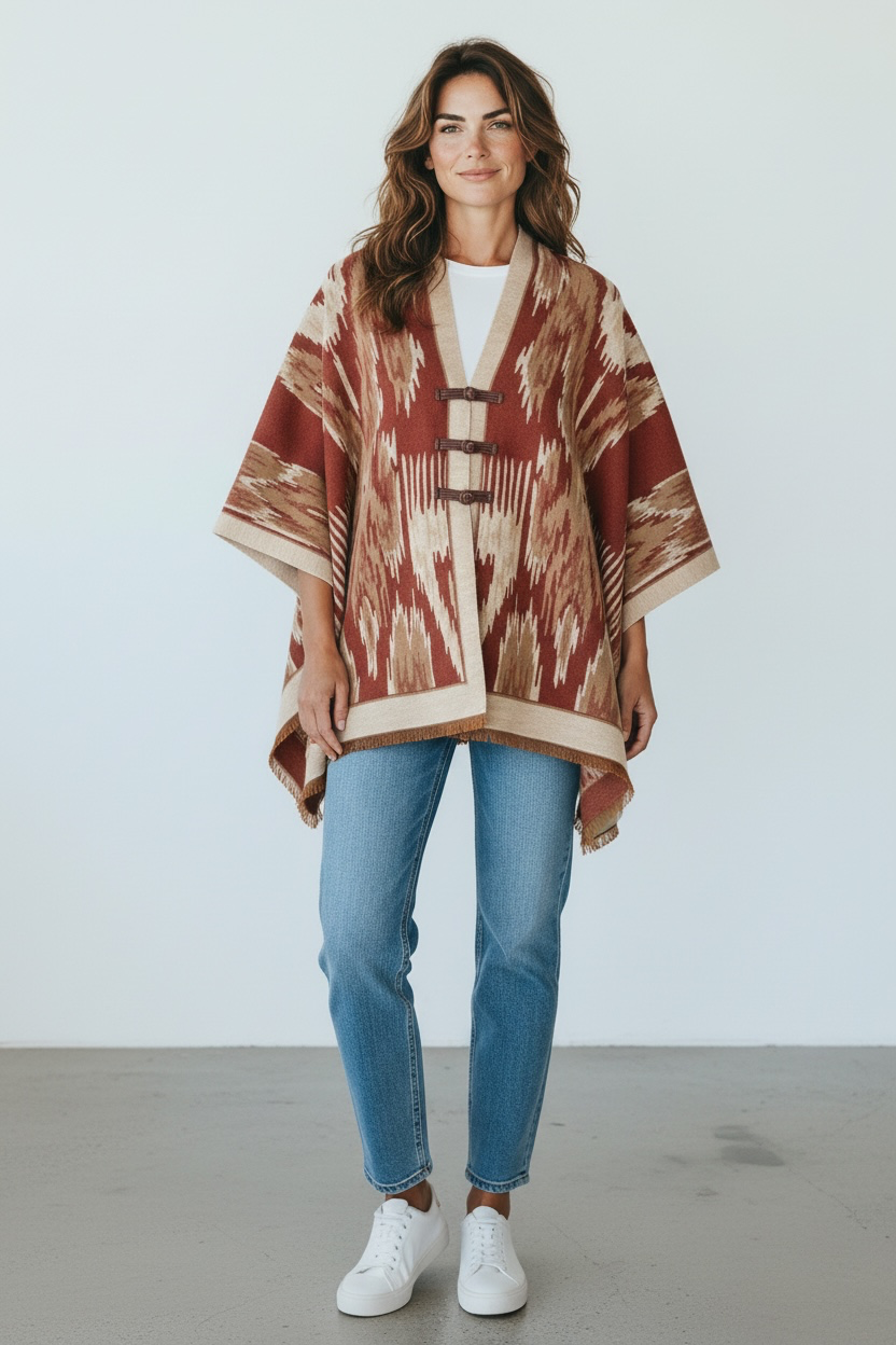 Print Toggle Front Cape Cardigan: WINE / One Size